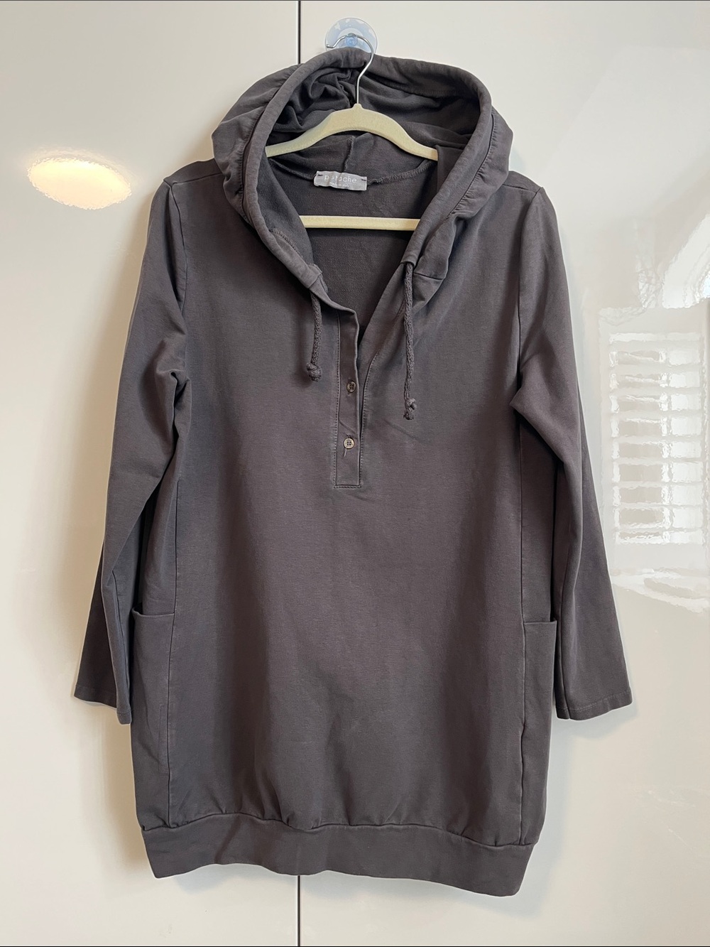 PISTACHE ITALY Relaxed Hooded Henley Tunic Sweatshirt - Charcoal, Size S